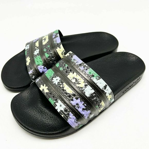 Adidas Originals H00141 Women's Sz 6 Core Black/Floral Print Adilette Slides - Picture 1 of 4